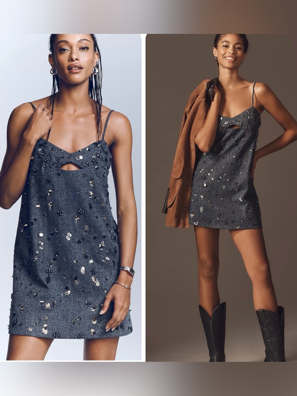 Anthropologie Dhruv Kapoor Embellished Cutout Mini Blue Denim Sequins Dress sz M